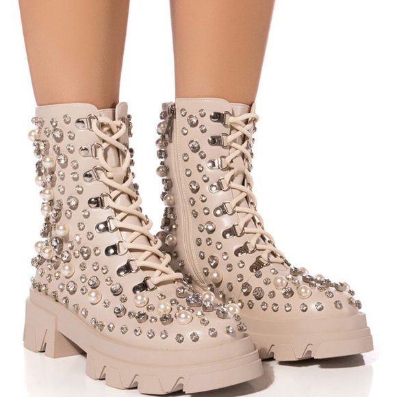 AZALEA WANG Shoes - AZALEA WANG  "  RHINESTONE PEARL GIRL " BOOTIE IN BONE *BRAND NEW !!)